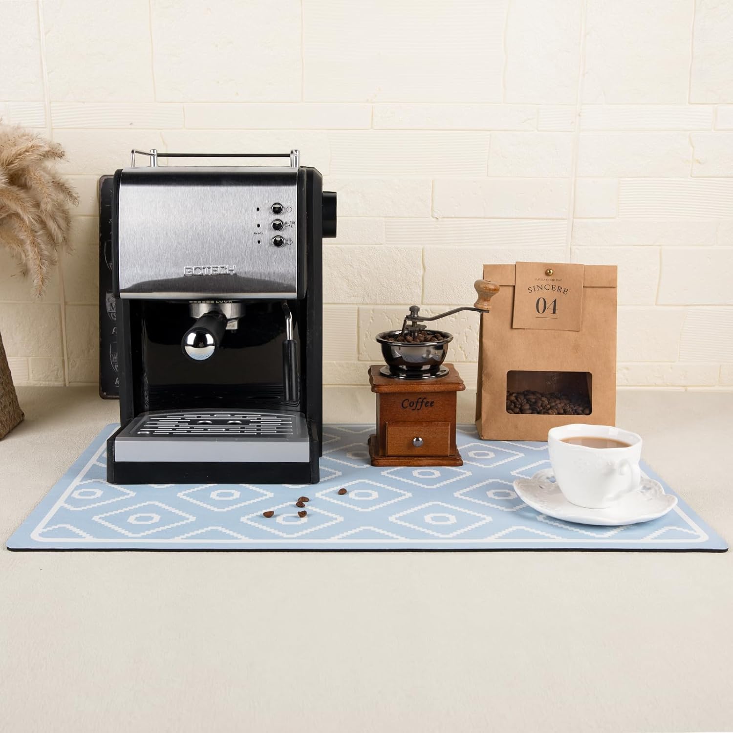 SUEH DESIGN Dish Drying Mat, Absorbent Coffee Mat 19.6 x 11.8 in Quick Dry Kitchen Drying Dish Drain Mat for Kitchen Counter Coffee Bar, Blue