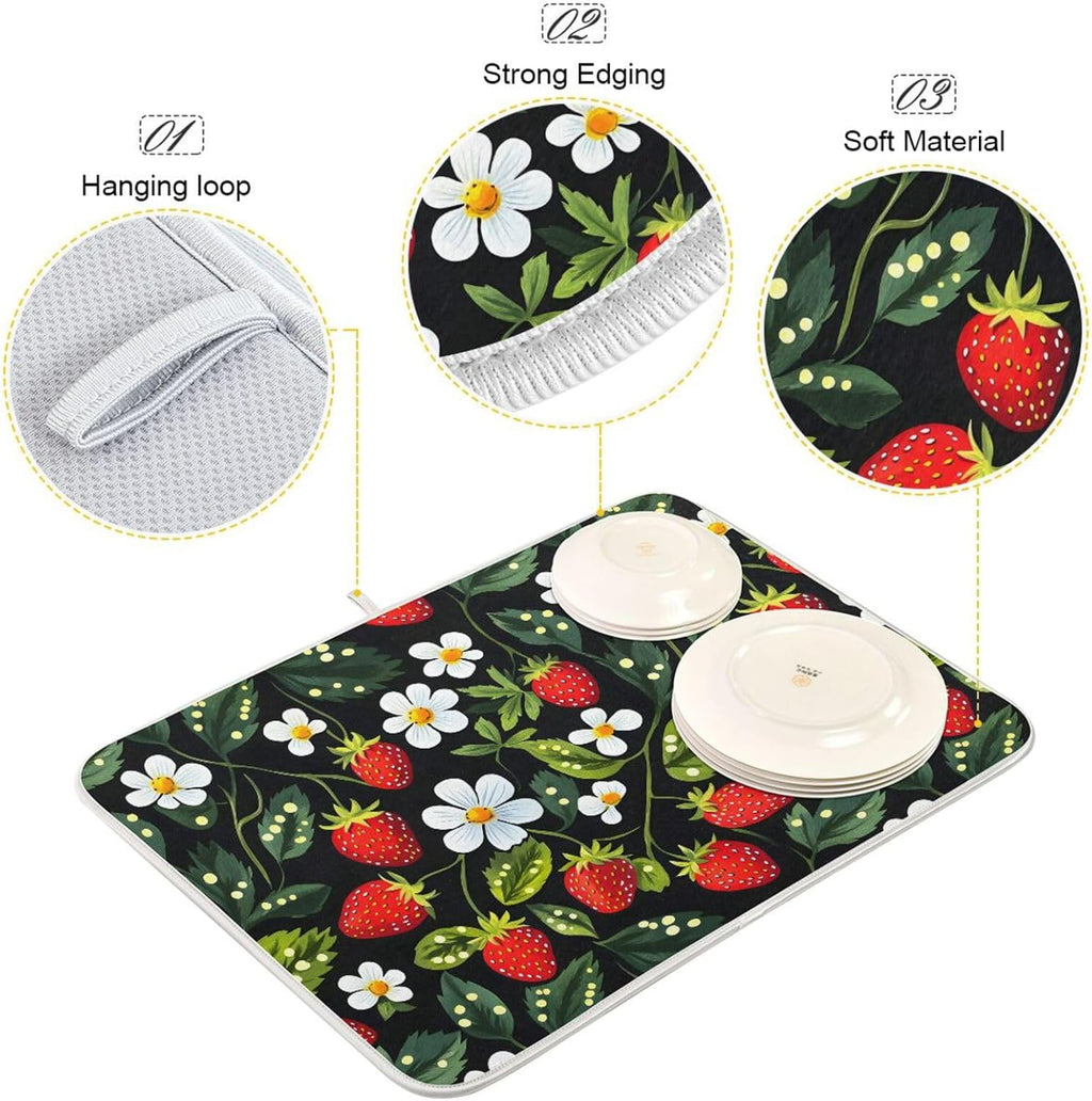 Strawberries White Flowers Dish Drying Mat for Kitchen Counter Absorbent Microfiber Drying Pad, Large 18x24 in, Reversible Drainer Mats