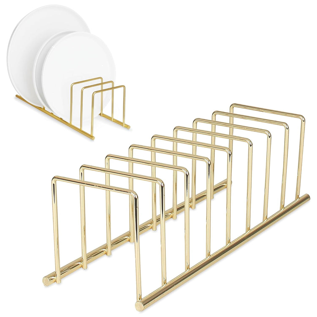 Spectrum Euro Cutting Board Holder Stand for Countertop or Inside Kitchen Cabinet Organization Gold, 8 Slot Cutting Board Drying Rack or Cabinet Plate Bakeware Storage Organizer