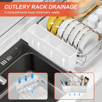 Dish Drying Rack - 304 Stainless Steel Dish Rack with Utensil Holder & Adjustable Spout, Space-Saving Organizer, Large Capacity for Bowls, Dish Drainer with Drainboard, White