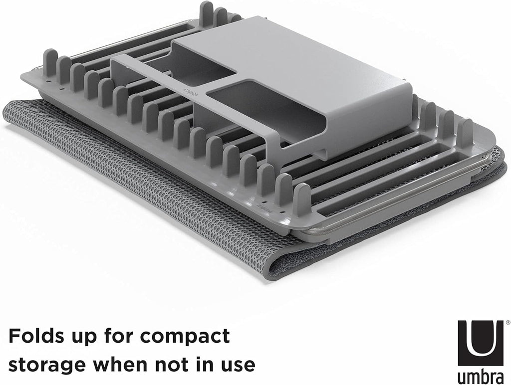 Umbra Udry Rack and Microfiber Dish Drying Mat-Space-Saving Lightweight Design Folds Up for Easy Storage, Over The Sink, Charcoal