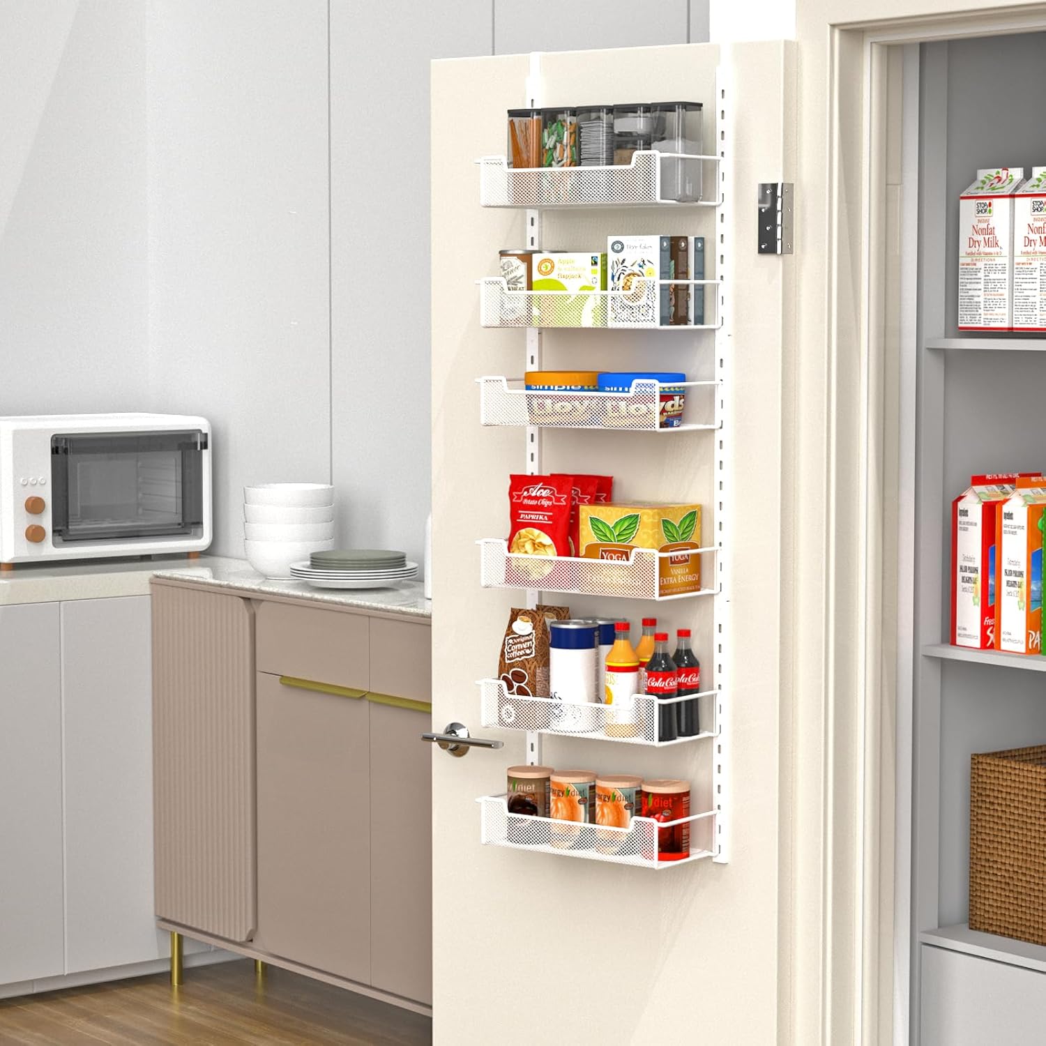 12.3" W Narrow Over the Door Pantry Organizer, 6-Tier Over the Door Organizer with Adjustable Basket, Pantry Door Organization for Pantry Kitchen Storage Room Spice Rack, White