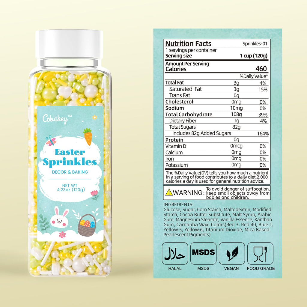 Cobakey Easter Sprinkles for Cookies 4.23 Ounce Spring Sprinkles for Baking Yellow & Green Edible Heart Perfect for Easter Cake Decorations, Baking, Ice Cream, Cookies, Cupcake Topper