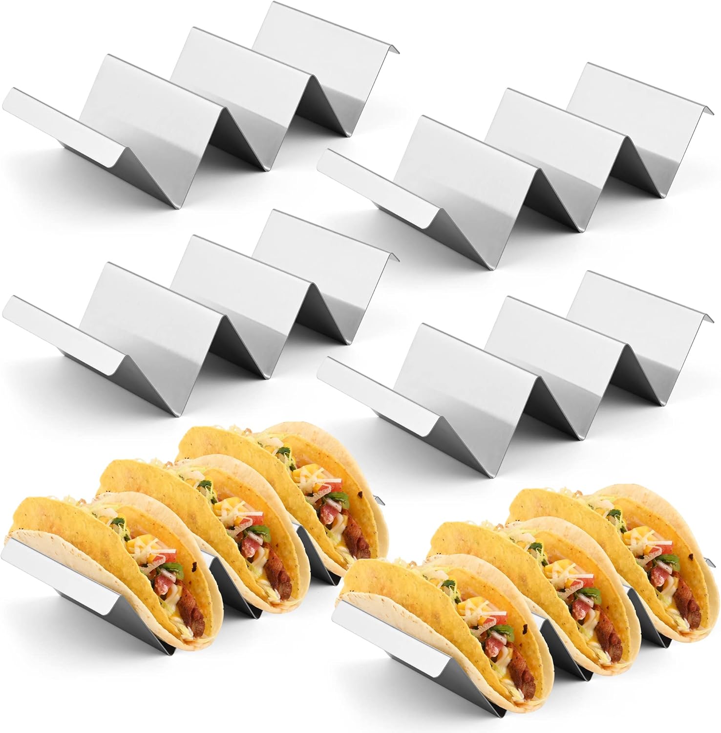 Smithcraft Stainless Steel Taco Holder Stand - Oven Grill Safe Metal Shell Racks With Handles, Fill Serve Tray Holds Up to 3 Tacos Each, Set of 6