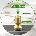 Soap Dispenser for Kitchen Sink, Kitchen Sink Soap Dispenser with 17 OZ Bottle, Refill from The Top Bar, Longer Threaded Shaft Shank, Wide Pump Head Base (Golden)