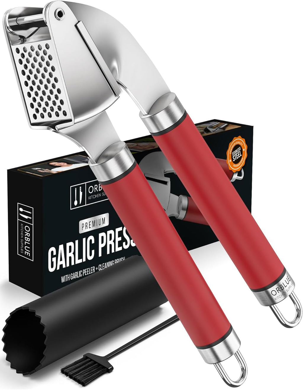ORBLUE Garlic Press Stainless Steel - Premium Professional Grade Garlic Mincer, Crusher & Peeler Set - Easy Clean, Dishwasher Safe & Rust-proof, Red