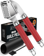 ORBLUE Garlic Press Stainless Steel - Premium Professional Grade Garlic Mincer, Crusher & Peeler Set - Easy Clean, Dishwasher Safe & Rust-proof, Red