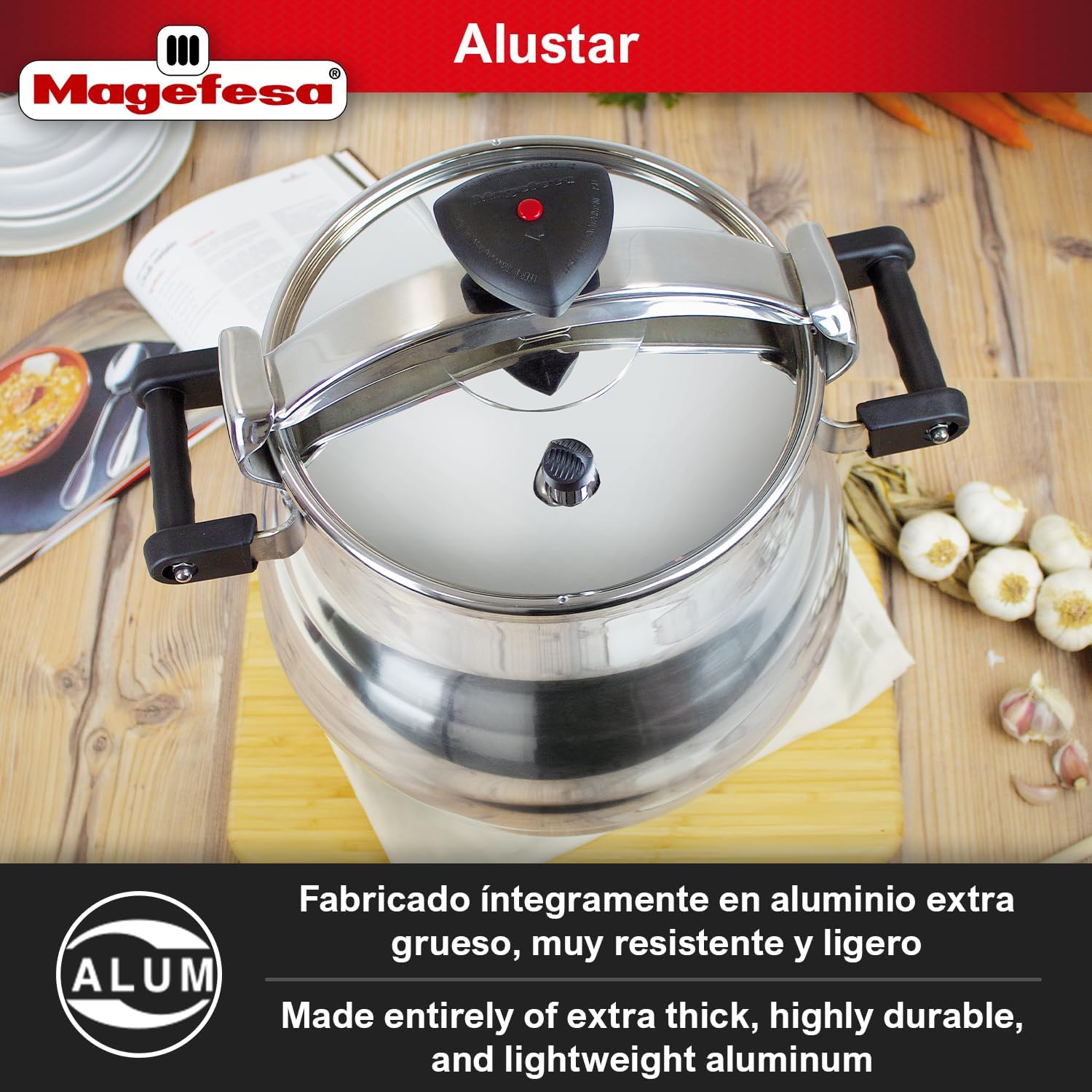 Magefesa Alustar 23.2-Quart Aluminum Pressure Cooker – Extra-Thick Construction, Thermodiffusion Base, 3 Safety Systems, Professional-Grade