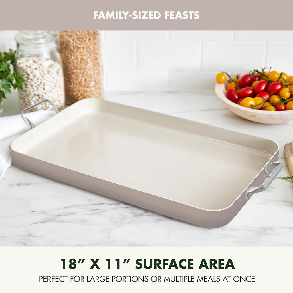 GreenPan 18" x 11" Double Burner Griddle Pan, Hard Anodized Healthy Ceramic Nonstick PFAS-Free, Stainless Steel Handles, Stovetop Cooking, Dishwasher Safe, Oven & Broiler Safe Cookware, Taupe