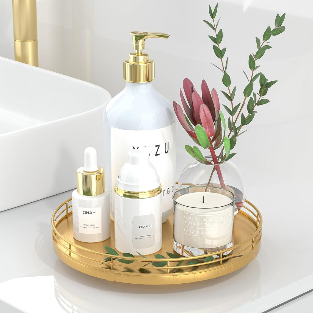 9" Gold Lazy Susan for Table Top, Oak Wood Lazy Susan Turntable Organizer for Dining Coffee Table Centerpiece Bar Decor Kitchen Countertop Bathroom Vanity Decorative Tray for Perfume Jewelry Round