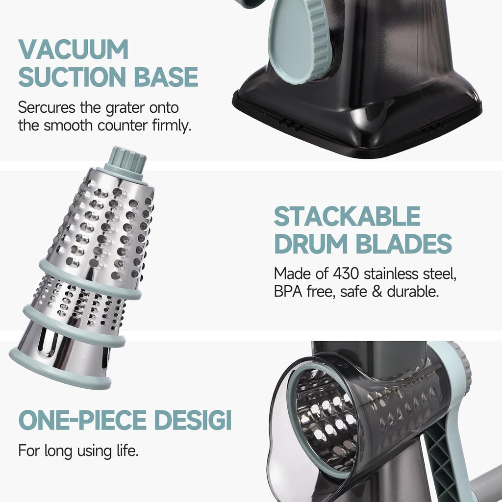 Rotary Cheese Grater Hand Crank Cheese Shredder Vegetable Mandoline Slicer for Kitchen 3 in 1 Changeable Blades for Cheese Potato Nuts Chocolate Ice(GreyBlue)