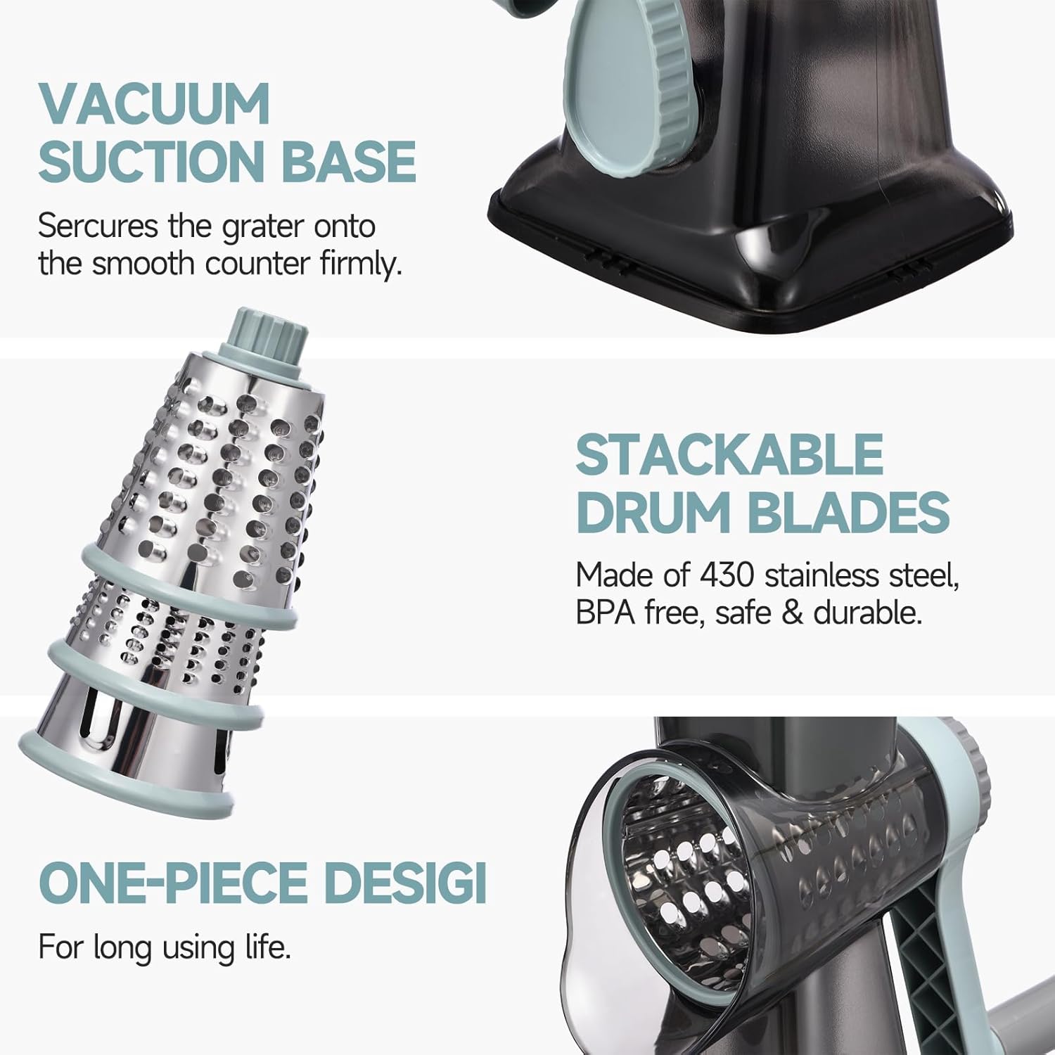 Rotary Cheese Grater Hand Crank Cheese Shredder Vegetable Mandoline Slicer for Kitchen 3 in 1 Changeable Blades for Cheese Potato Nuts Chocolate Ice(GreyBlue)