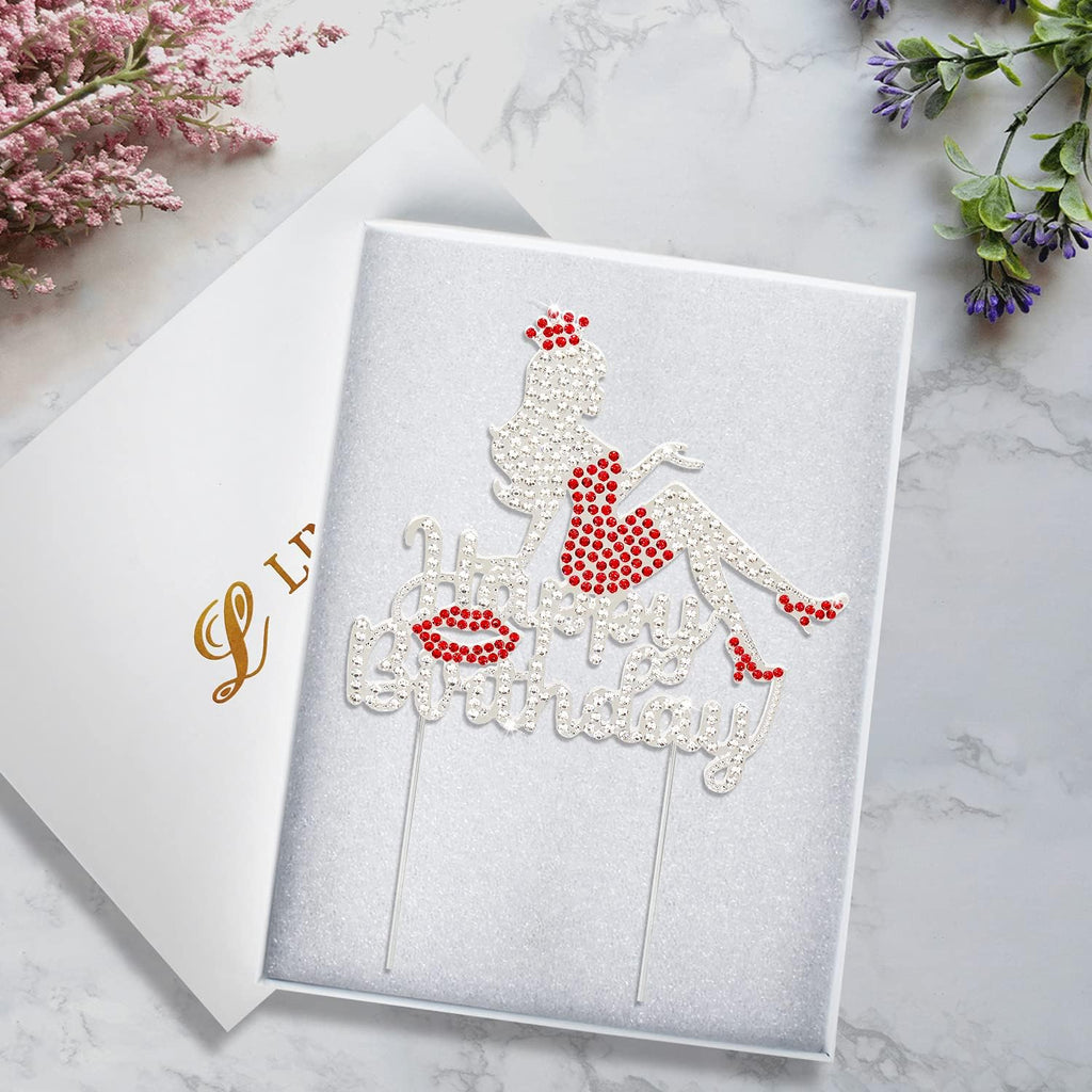 LINGTEER Happy Birthday Crown Queen Lady Rhinestone Cake Topper - Cheers to Makeup Spa Birthday Party Cake Centerpieces Decorations Gift Sign - Red.