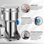 Grain Mill Grinder, 750g Commercial Spice Grinder Electric 2000W Stainless Steel Pulverizer Dry Grinder for Grinding Wheat, Oats, Corn, Pepper, and Coffee Beans – Grinder for Kitchen.