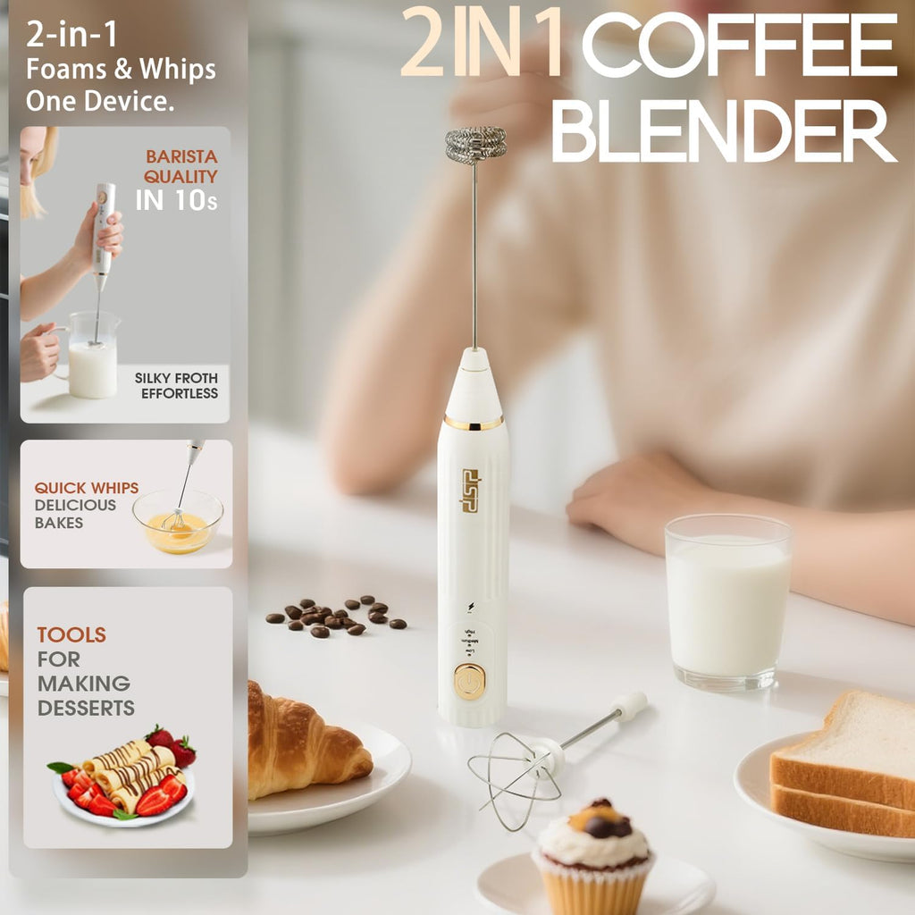 DSP Electric Whisk Rechargeable with Egg whisk milk frothing bar, 3 Speed Adjustable, Milk Frother Handheld for Latte, Cappuccino (White)