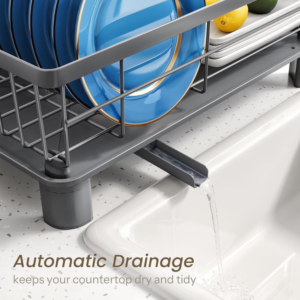 Dish Drying Rack - Small Dish Rack for Kitchen Counter, Stainless Steel Dish Drainer with Utensil Holder and Drainboard (Grey)