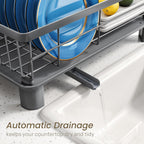 Dish Drying Rack - Small Dish Rack for Kitchen Counter, Stainless Steel Dish Drainer with Utensil Holder and Drainboard (Grey)