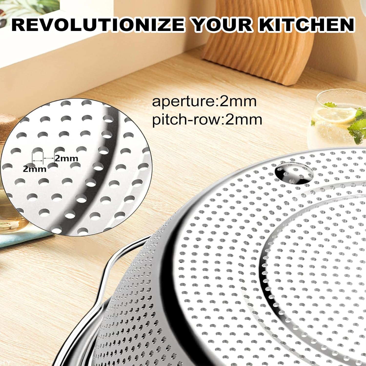 Stainless Steel Microporous Colander for Kitchen, 3.5QT Large Capacity, Colander and Bowl Set of Two, Stainless Steel Drain Basket with Mixing Bowl, for Washing Fruits and Vegetables (10.4×9.1inch)