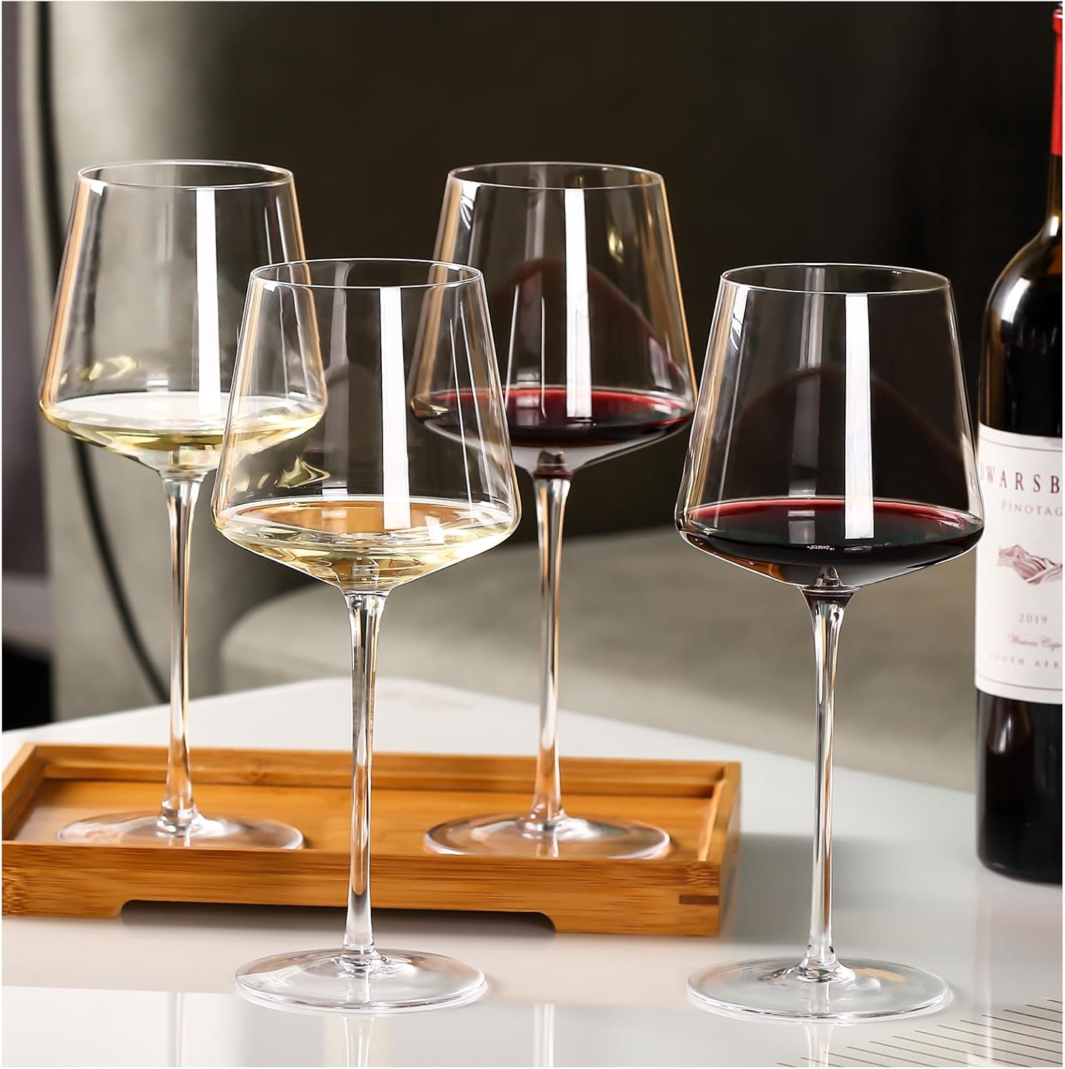 Physkoa 18oz Red Wine Glasses Set of 4-LeadFree Crystal Wine Glass with Tall Long Stem【Hand Blown Italian Style】 Stemmed Square Wine Glasses Gifts for Home Party