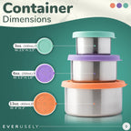 Everusely - Stainless Steel Food Containers - 3 Pack, Bright - Lunch Box - Snack Containers for Office, Home Food Storage - Leakproof with Silicone Lids - Dishwasher & Freezer Safe