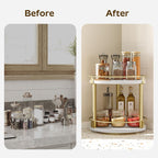 Lazy Susan Organizer, Rotating Spice Rack, 2 Tier Spice Turntable Organizer, Industrial Turntable Spice Holder, for Kitchen Countertop and Cabinet, Compact and Versatile, White and Gold SR22DW