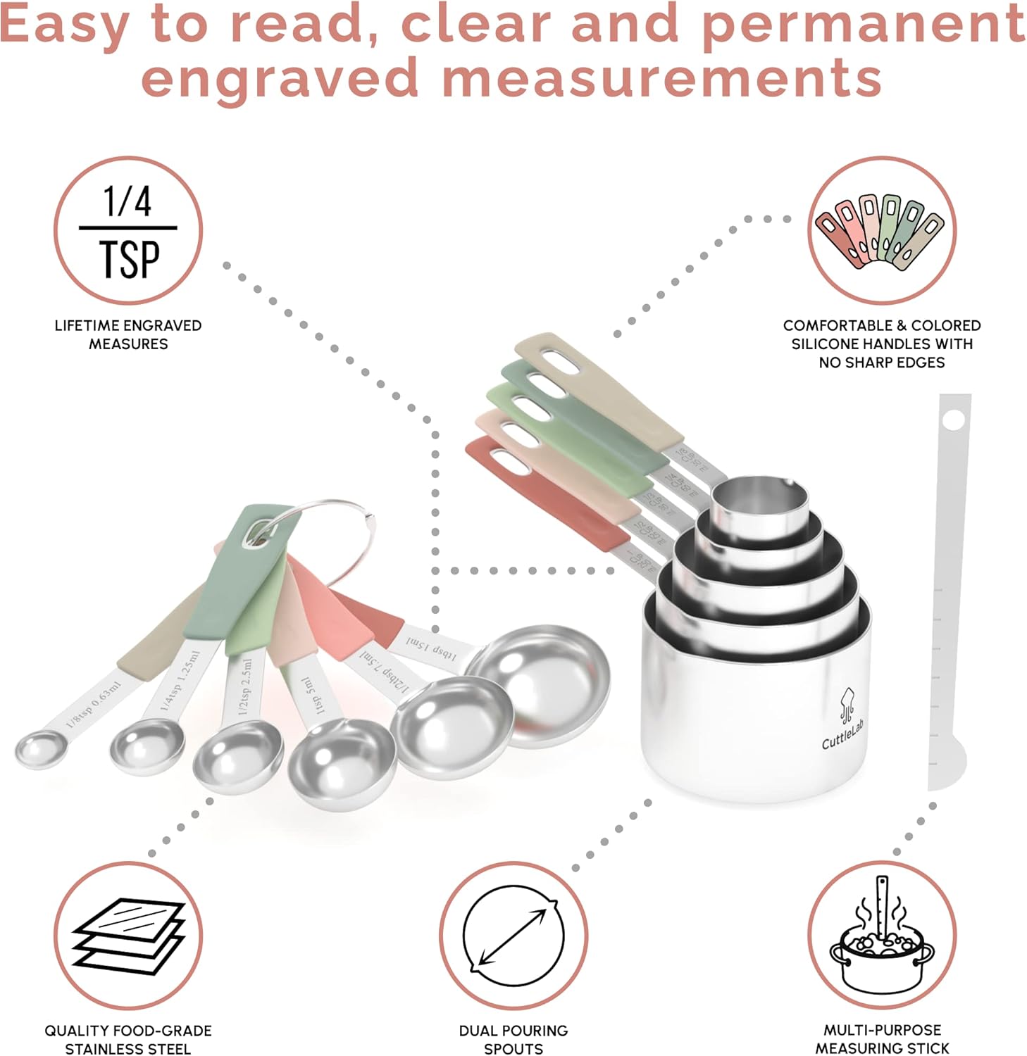 Measuring Cups and Measuring Spoons Set of 14 - Stainless Steel Measuring Cups and Spoons Set, Includes 1/8 Teaspoon Measuring Spoon, 1/8 Cup Measuring Cup, Leveler Dry (14, Country Chic)