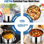 P&P CHEF 4 Quarts Cooking Stock Pot with Lid, Stainless Steel Stockpot Induction Pot for Soup, Tri-Ply Bottom & Clear Glass Lid & Double Handle, Dishwasher Safe