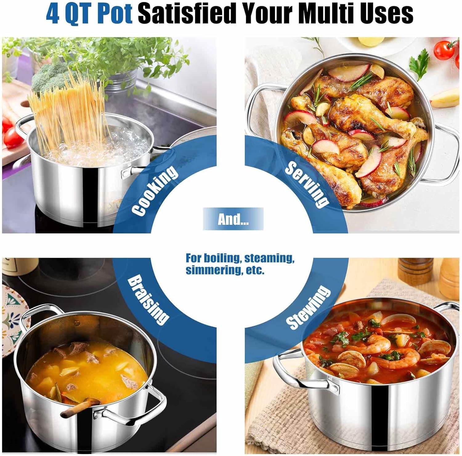 P&P CHEF 4 Quarts Cooking Stock Pot with Lid, Stainless Steel Stockpot Induction Pot for Soup, Tri-Ply Bottom & Clear Glass Lid & Double Handle, Dishwasher Safe