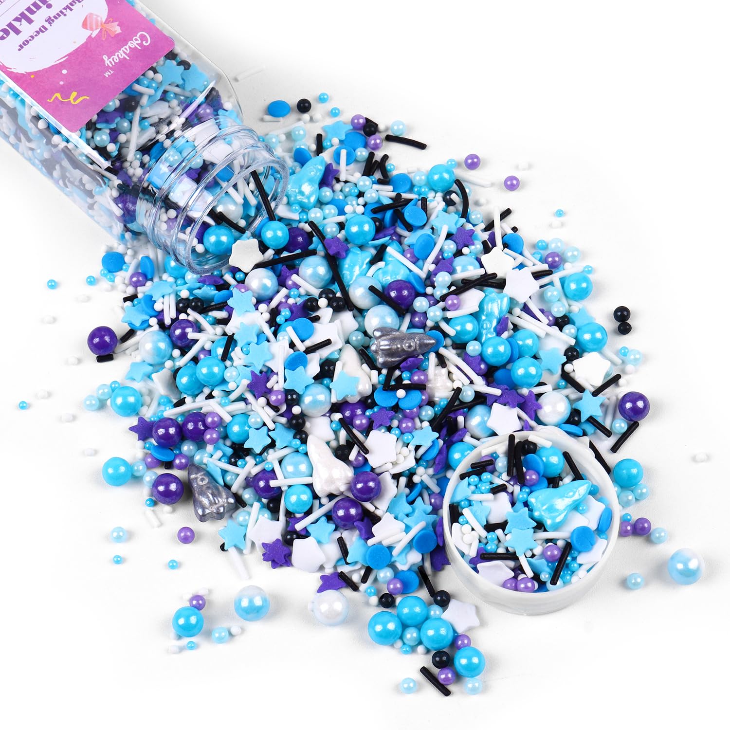 Galaxy Star Sprinkles for Cake Decorating 4.23ounce - Pearl Sugar Mix Contains Spaceship & Star Sprinkles for Cupcake Toppers, Ice Cream, Candy, Cookie Decorations - Children Party Supplies