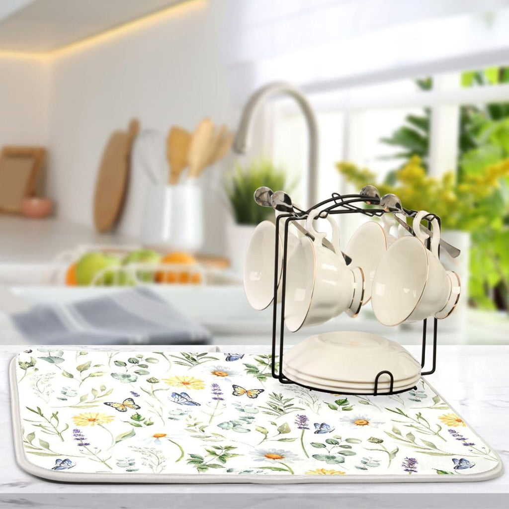 Wildflowers Butterflies Botanical Leaves Dish Drying Mat for Kitchen Counter Absorbent Microfiber Drying Pad, Medium 16x18 in, Reversible Drainer Mats