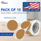 Perco Kraft Brown 3-Inch Perforated Circle Dot Sticker Labels — 10 Rolls, 5,000 Round Stickers — Natural, Cardboard-Like Surface with Permanent Adhesive for Organizing, Crafting & More—Made in USA