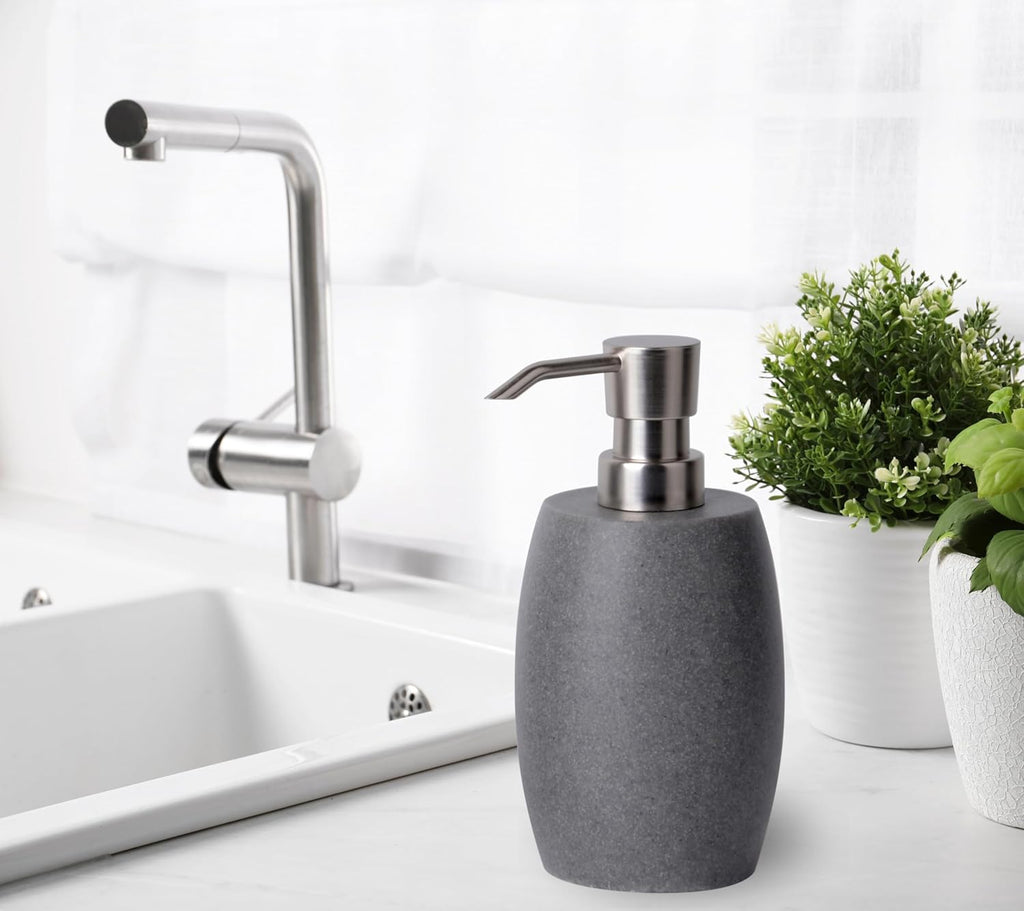 Sandstone Textured Resin Soap Dispenser with Metallic Pump and Waterproof Bottle Labels for Bathroom Kitchen Dish Hand Wash Shower Lotion Shampoo, 12 Oz, Gray