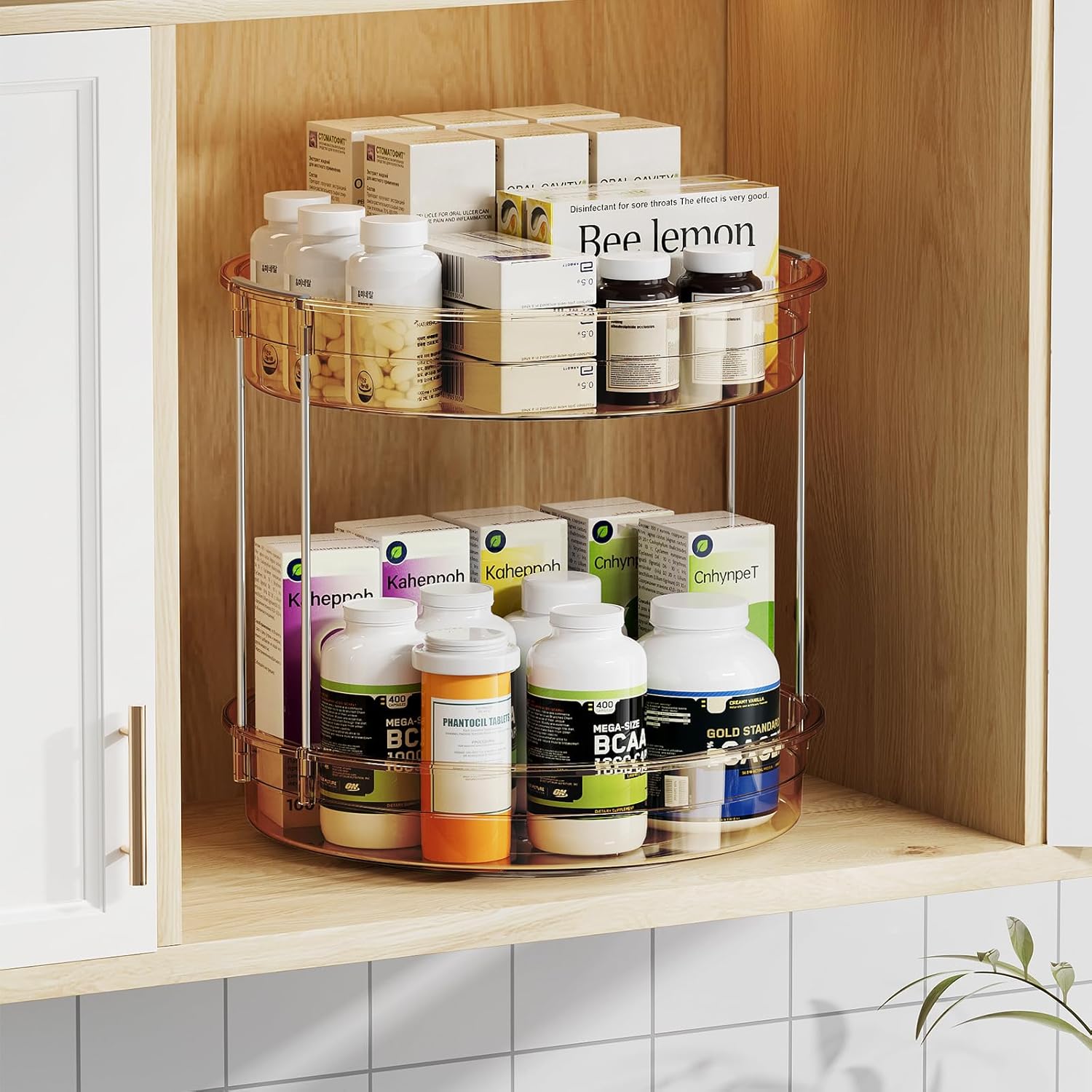 LAMU 2 Pack 2 Tier Lazy Susan Turntable Organizer 12'' Rotating Spice Rack Organization for Cabinet, Kitchen, Pantry, Countertop, Bathroom, Vanity, Medicine Cabinet Organizer, Amber