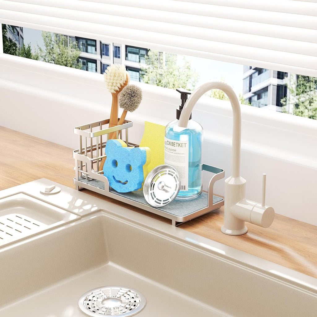 Consumest Sponge Holder for Kitchen Sink - Sink Caddy Organizer with Water Absorbing Stone Tray, Detachable Brush Holder, Stainless Steel Kitchen Counter Organizer Rack, Sand Nickel