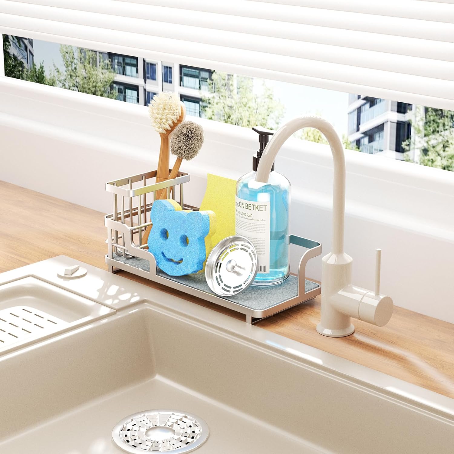 Consumest Sponge Holder for Kitchen Sink - Sink Caddy Organizer with Water Absorbing Stone Tray, Detachable Brush Holder, Stainless Steel Kitchen Counter Organizer Rack, Sand Nickel