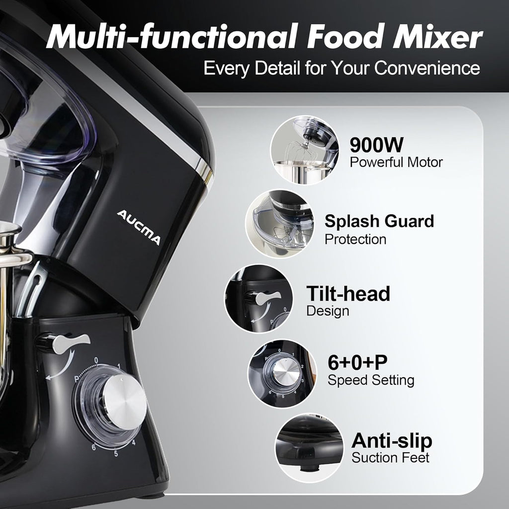 Aucma Stand Mixer, 900W 8QT Large Kitchen Mixer, Kitchen Electric Mixers with Dough Hook, Wire Whip & Beater (Black, 8QT)