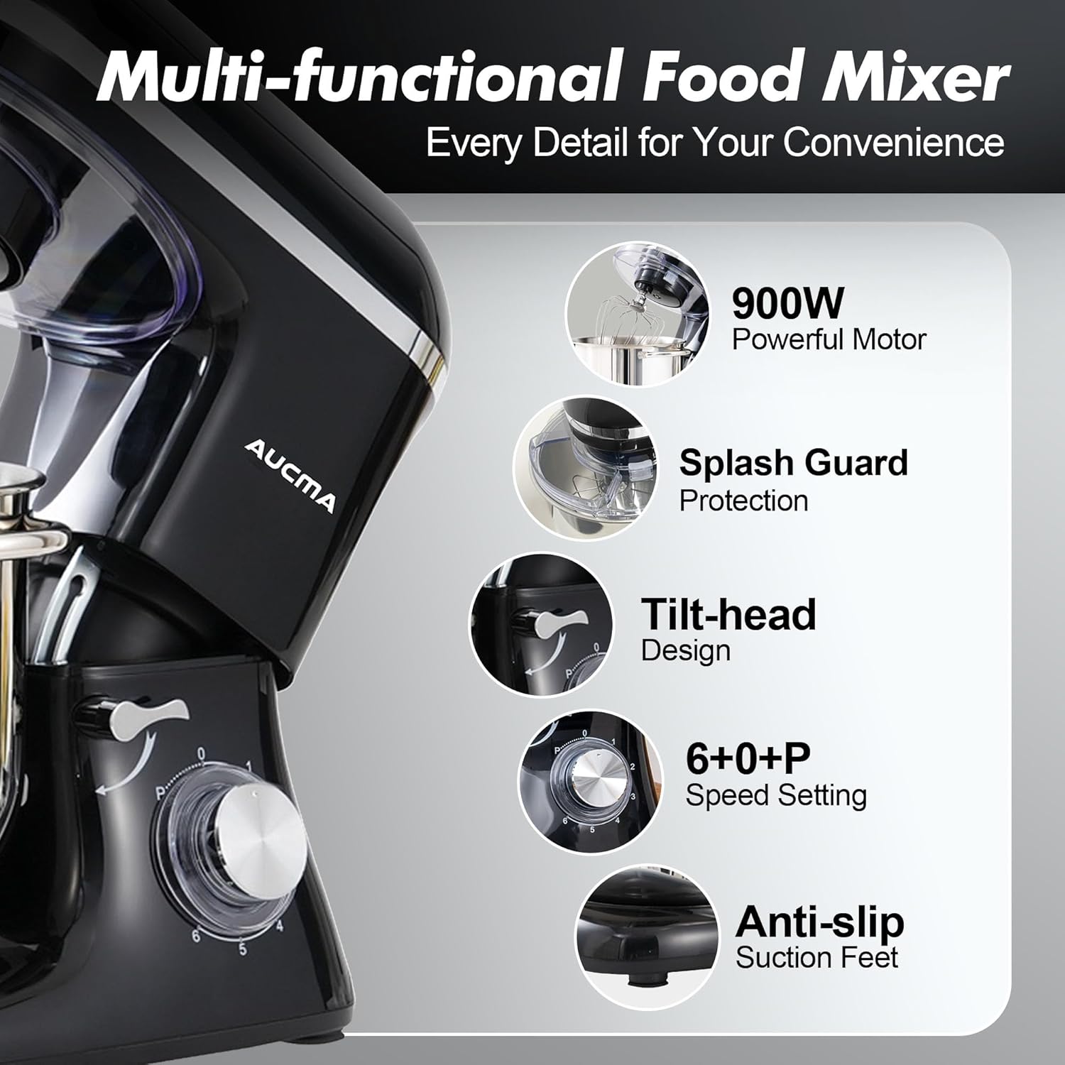 Aucma Stand Mixer, 900W 8QT Large Kitchen Mixer, Kitchen Electric Mixers with Dough Hook, Wire Whip & Beater (Black, 8QT)