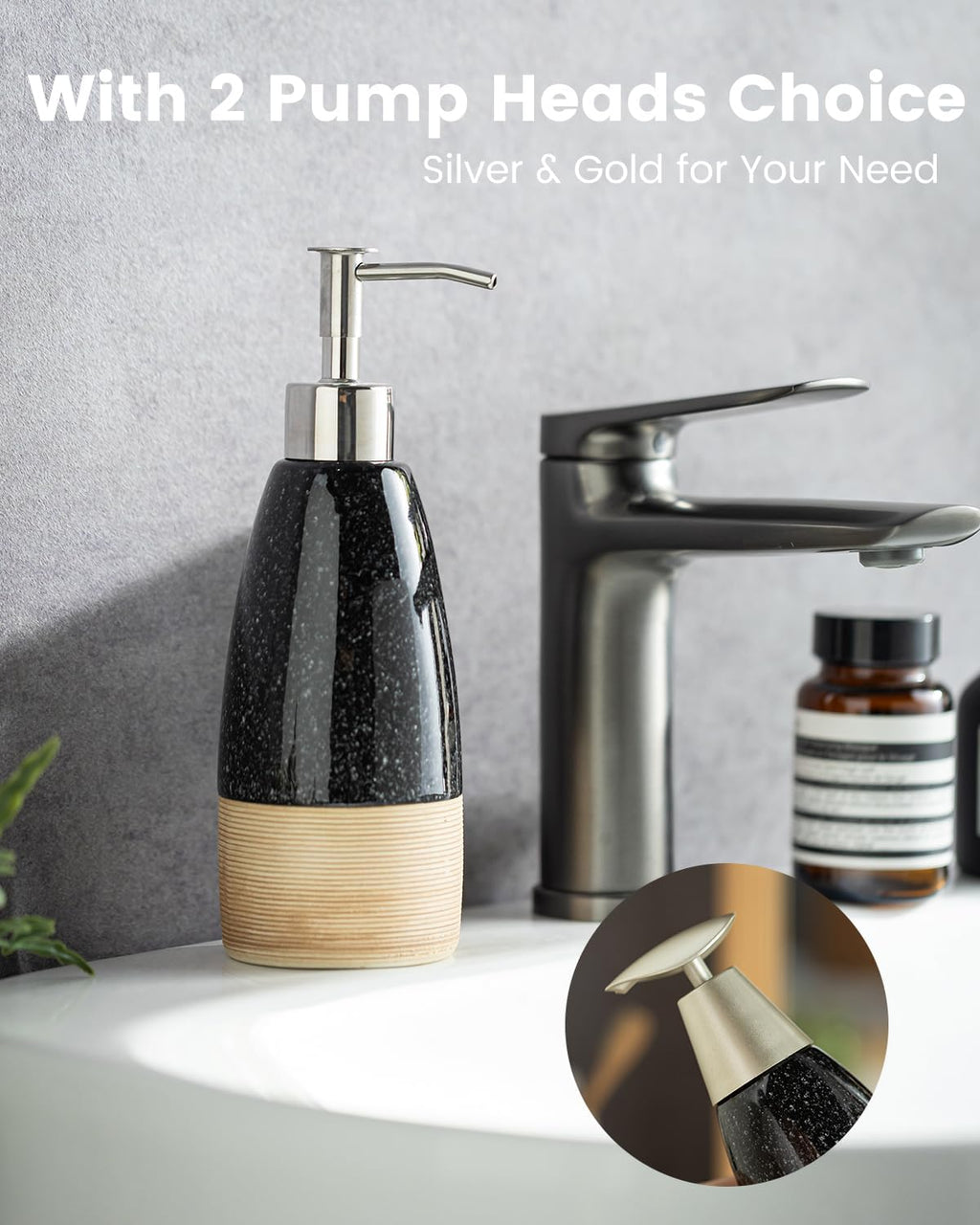 Ceramic Dish Soap Dispenser with Plastic Pump & Stainless Steel Pump for Hand Soap, Shampoo, Lotion, Conditioner, 12 oz Refillable Soap Bottle with Silicone Funnel for Bathroom & Kitchen, Black