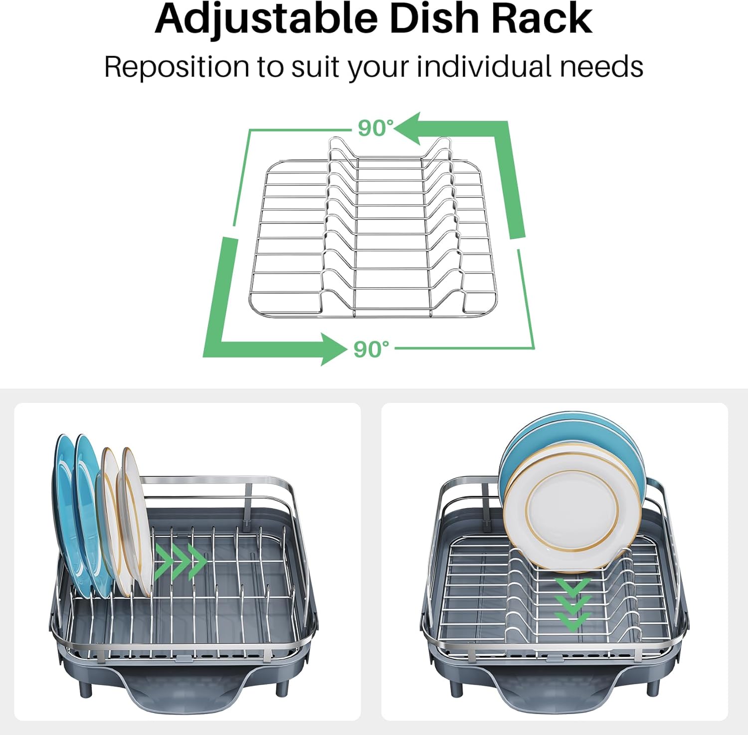 SNTD Dish Drying Rack, Expandable Dish Rack for Kitchen Counter, Stainless Steel Dish Drainer with Drainboard Set and Utensil Holder (Gray)