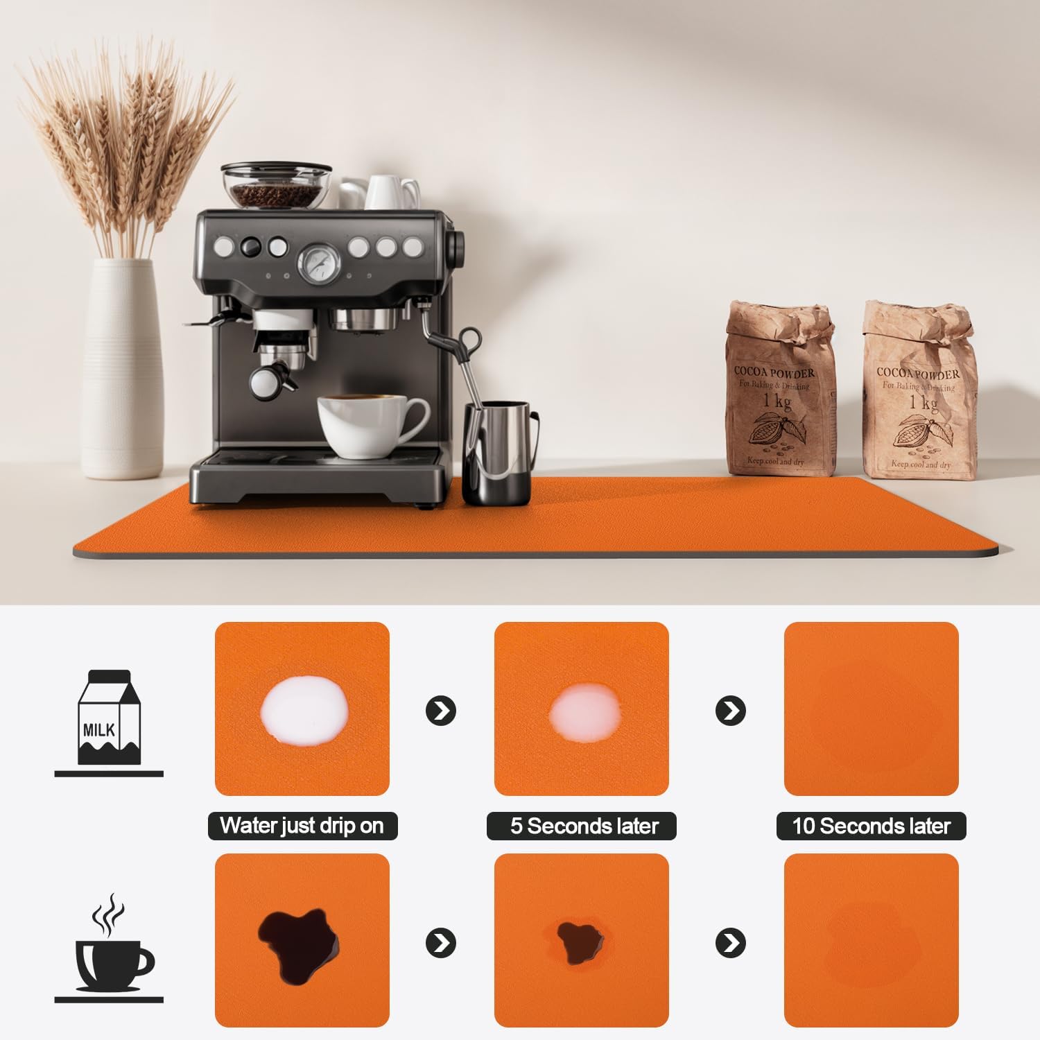 Dish Drying Mat for Kitchen Counter | Coffee Bar Mat for Countertops | Heat Resistant Drainer Mat with Non-slip Rubber Backed | Hide Stain Kitchen Absorbent Draining Mat | Orange 16"x20"
