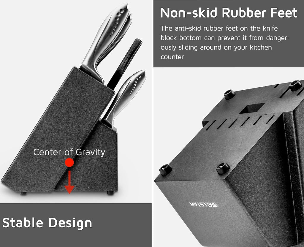 12 Slot Kitchen Knives Block, WELLSTAR Natural Wood Knife Holder without Knives – Hard Wood Countertop Knife Storage with Built-in Knife Sharpener - Black