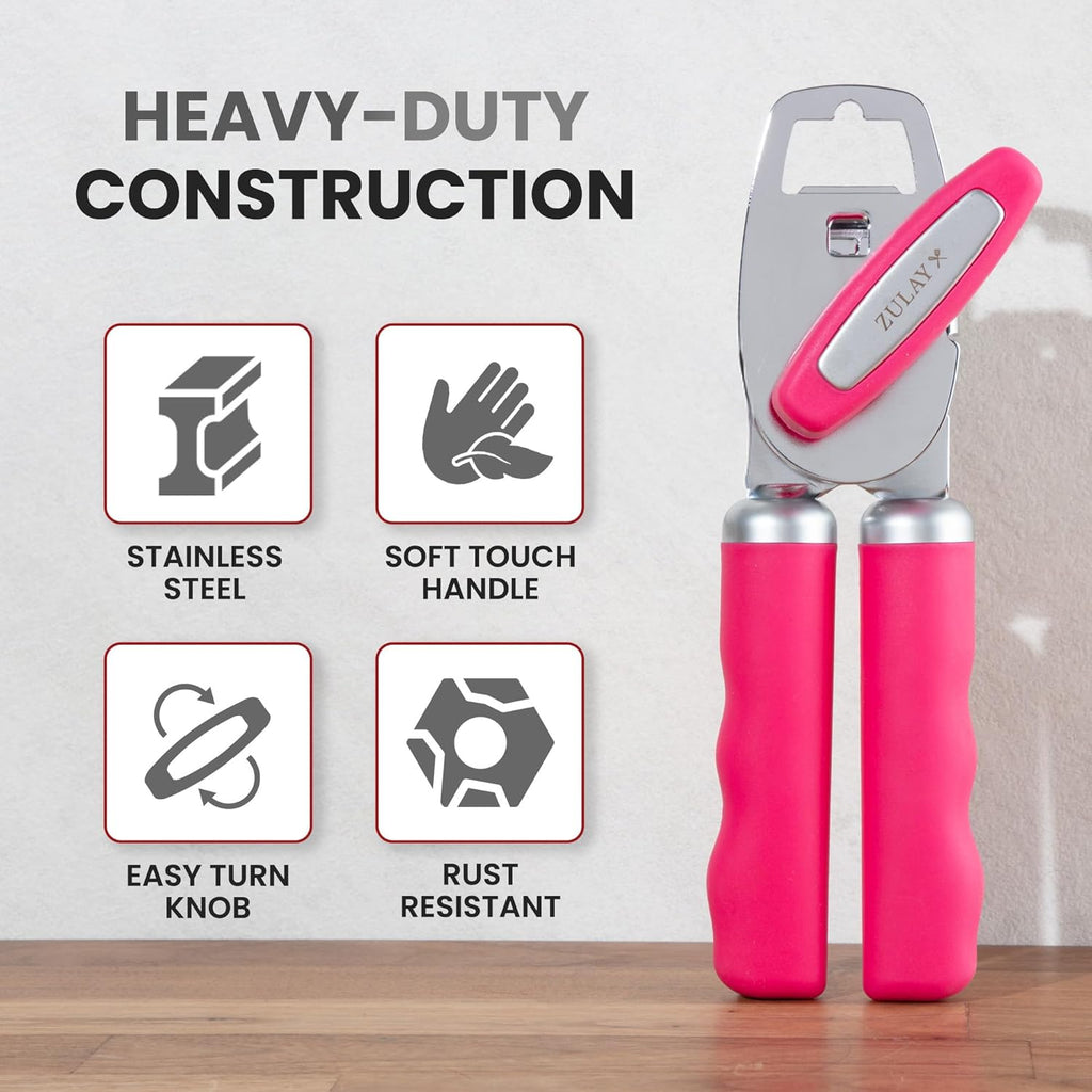 Zulay Kitchen Heavy Duty Stainless Steel Can Opener Manual with Bottle Opener - Rust Proof Manual Can Opener With Turn Knob & Comfy Soft Grip Handles - Dragonfruit