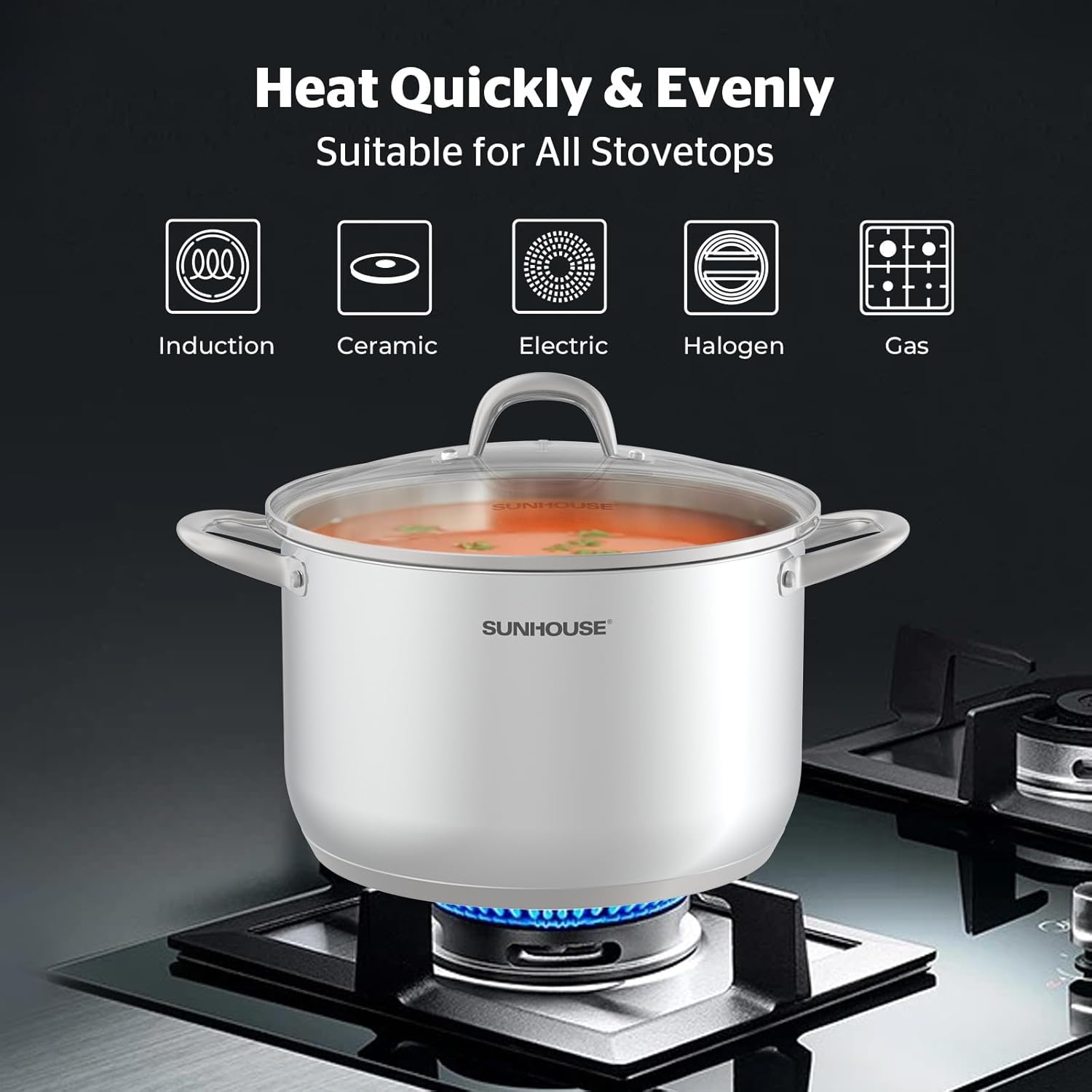 Sunhouse Stainless Steel Stock Pot - 11 Quart Heavy-Duty Induction Cooking Pot with Visible Lid for Pasta, Soup, Spaghetti - Nonstick Thick-Bottom Deep Stockpot for Canning, Boiling, and Simmering