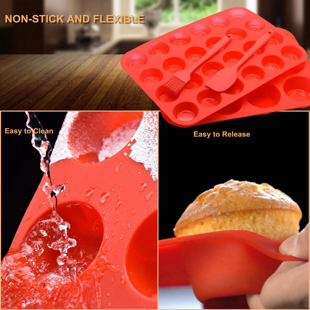 Silicone Muffin Pan Cupcake Set, Non-Stick Regular 12 Cups and Mini 24 Cups,Silicone Baking Molds,BPA Free Muffin Tin with 1 Silicone Spatula & 1 Oil Brush (Red)