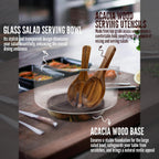 Premium Large Glass Salad Bowl Set with Acacia Wood Base and Serving Utensils - Ideal for Hosting Parties, Host Family Gatherings, and Everyday Use - Elegant, Durable, and Practical Kitchen Essential