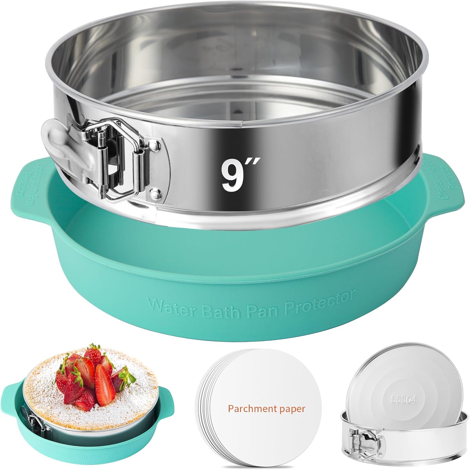 9 Inch Springform Pan - 304 Stainless Steel Nonstick Springform Cake Pan with Removable Bottom, 10 Inch Silicone Leakproof Cheesecake Pan Protector with Parchment Paper
