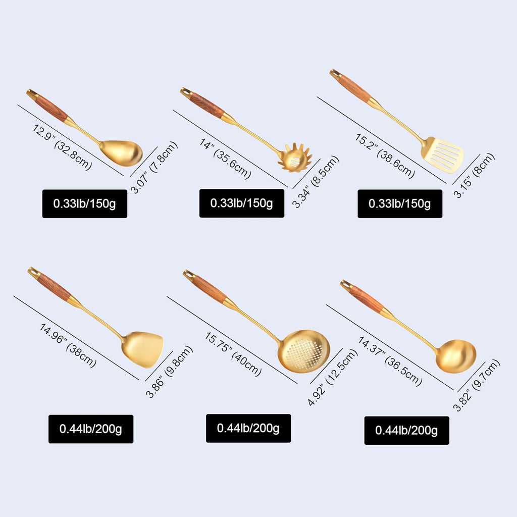 Gold Kitchen Utensils Set with Wooden Handle, 6 PCS Professional Cooking Utensils Set, Wok Spatula, Ladle, Skimmer, Slotted Spatula Turner, Spaghetti Spoon, Large Spoon