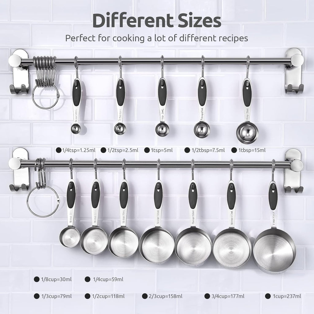 Measuring Cups and Spoons Set: U-Taste 18/8 Stainless Steel 12 Pieces Metal Stacking Kitchen Baking Cooking Food Measure Set 7 Cups 5 Spoons with Strengthened Weld Joints (Black, Upgraded Version)