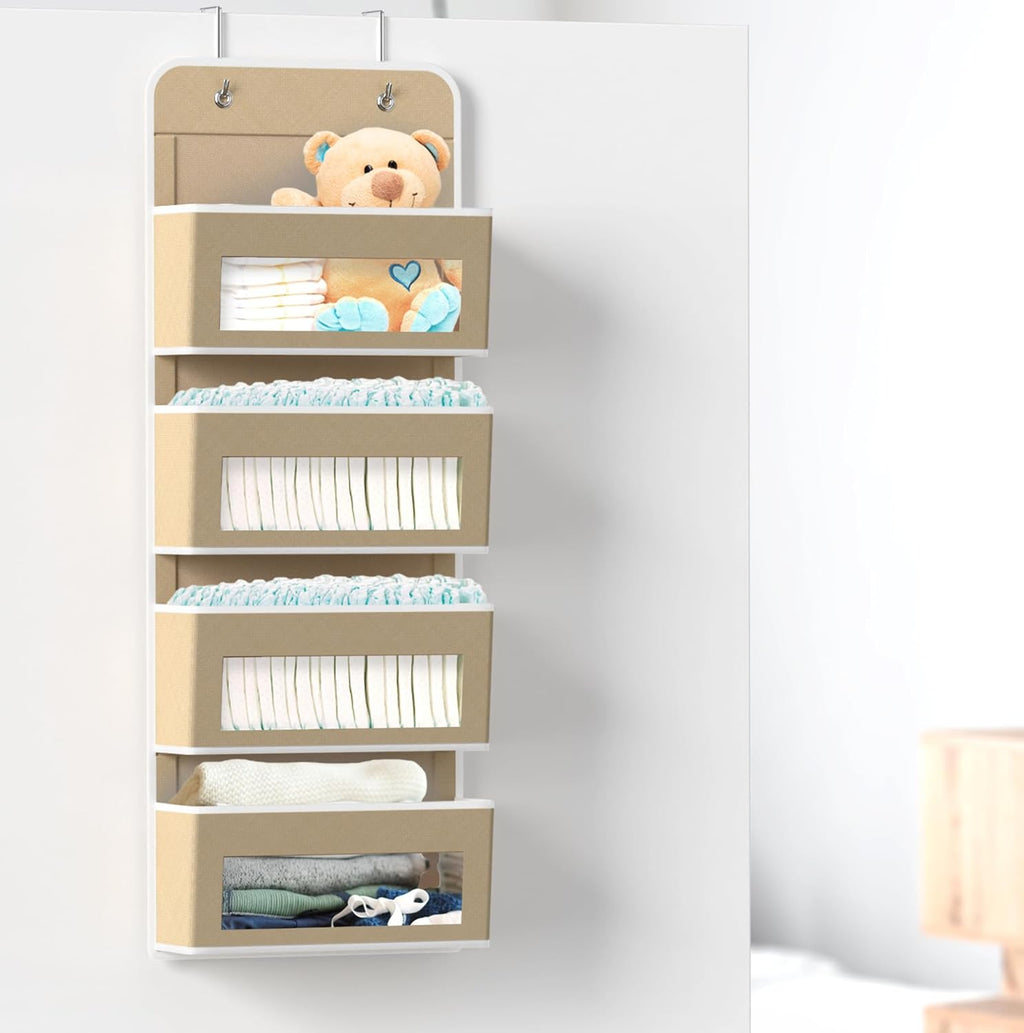 Simple Houseware 4 Clear Window Pocket Over Closet Door Storage Hanging Organizer for Bedroom, Bathroom, Pantry, Beige