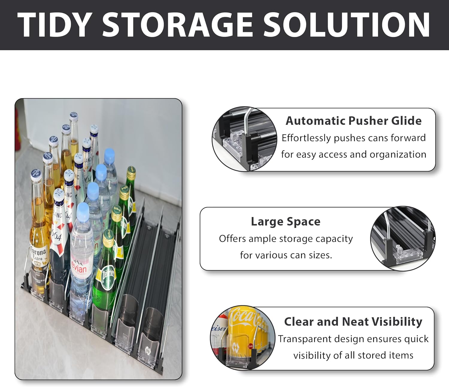 Upgraded Drink Organizer for Fridge – Adjustable Width Soda Can Organizer with Automatic Glide, Space-Saving Refrigerator Can Dispenser Holds Up to 30 Cans – Drink Holder for Fridge (6 Rows, Black)